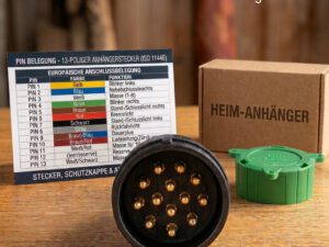 Vorbestellen: 13-poliger Anhängerstecker Set mit Doppel-Kabeleingang, Halter-Schutzkappe & Pin- Belegungsplan