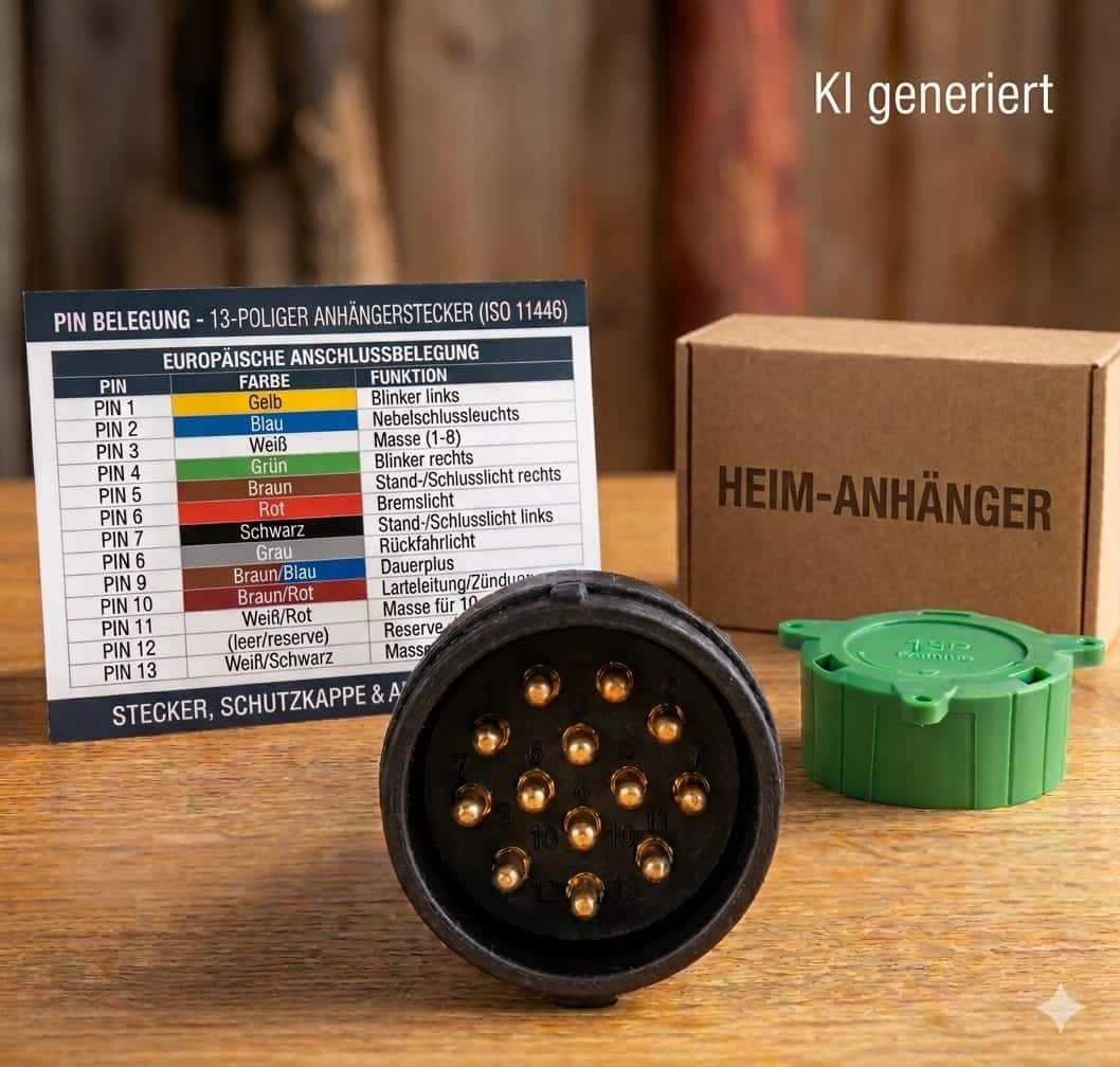 Vorbestellen: 13-poliger Anhängerstecker Set mit Doppel-Kabeleingang, Halter-Schutzkappe & Pin- Belegungsplan